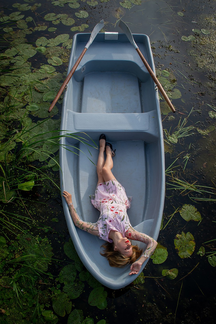 boat, river, woman, nature, young, lake, water lilies, water, harmony, young woman, summer, lie, paddles, the girl in the boat, girl in a boat on the lake, photo session in a boat, twilight, the girl lies in the boat, beautiful, figure, pretty girls, legs, dress, feminine, boat, boat, boat, boat, boat